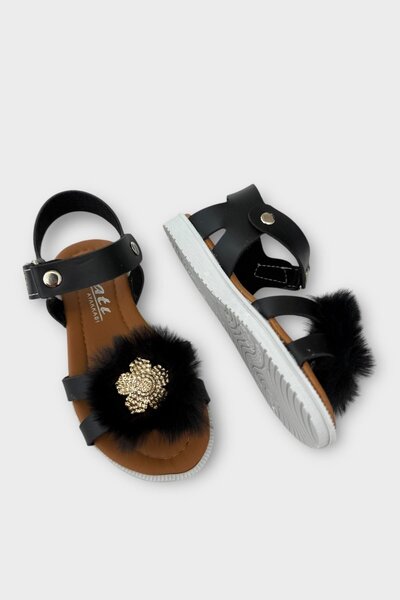 Liger Black Plush Bow Sandals for Girl - Velcro