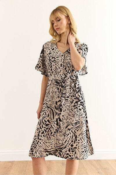 Olalook Γυναικείο Leopard Μαύρο V λαιμόκοψη Μίνι πουκάμισο φόρεμα ELB-19002380