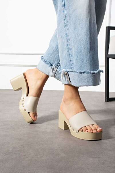 LOUXSMS Burunlu Tek Bant Platform Topuklu Ekru Kadın Terlik