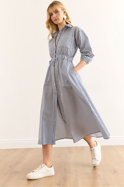 Olalook Dámské námořnické modré košilové šaty s elastickým pasem a kapsami ELB-19002398
