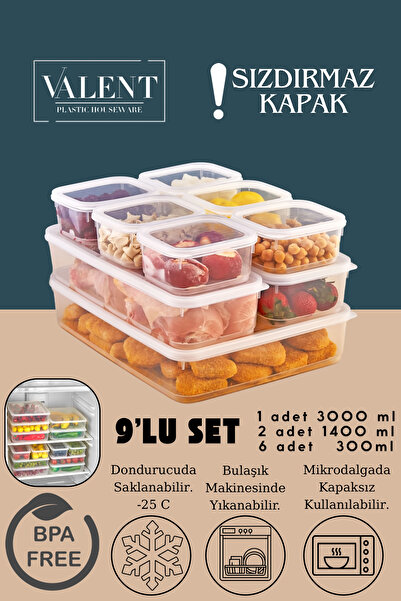 VALENT 9 Lu Sızdırmaz Erzak Saklama Kabı Seti 3000ml x1 1400ml x2 300ml x6 - ...