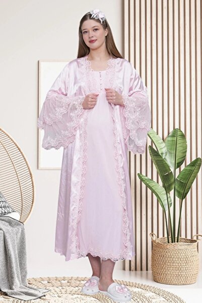 Mecit Pijama Γυναικεία Δαντέλα εγκυμοσύνης με λεπτομέρειες σατέν φόρεμα + κοντομάνικο νυχτικό 2 τεμαχίων Σετ 75% βαμβάκι 25% βισκόζη