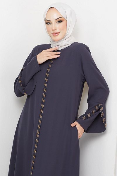 hafsamina Large Size Stone Detailed Smoked Abaya HM2030