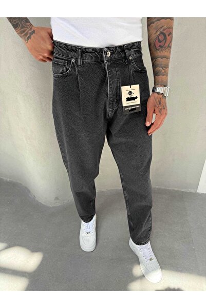 Denim Shorty Boyfriend Antrasit Renk Eskitme Pileli Kot Pantolon