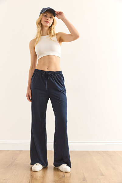 Olalook Kadın Lacivert Bağcıklı Cepli Kalın Fitilli Salaş Pijama Alt PJMA-0000003