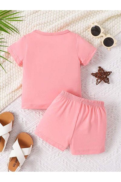 PENTHİLUS Baby Girls Summer Pink 2-Piece Letter Floral Pattern Short Sleeve Outfit Set
