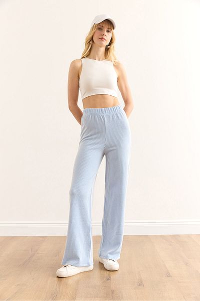Olalook Pantaloni albaștri pentru femei, cu talie elastică, drapati, PNT-19000334