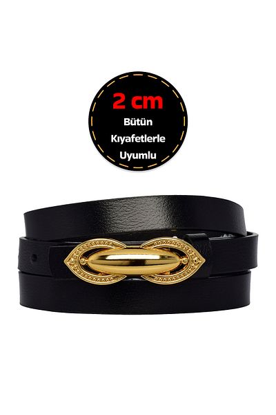 GoDeri 100% Genuine Leather Gold Color Buckle - 2 cm Thin Black Women's Dress and Pantaloons; Hump