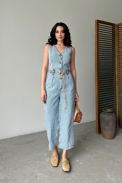 Serica Moda Ice Blue Buttoned Sleeveless Denim Jumpsuit