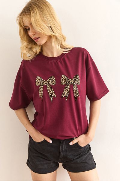 Olalook Tricou pentru femei, burgundă, cu fundă leopard, cu 2 fire, TSH-19000846