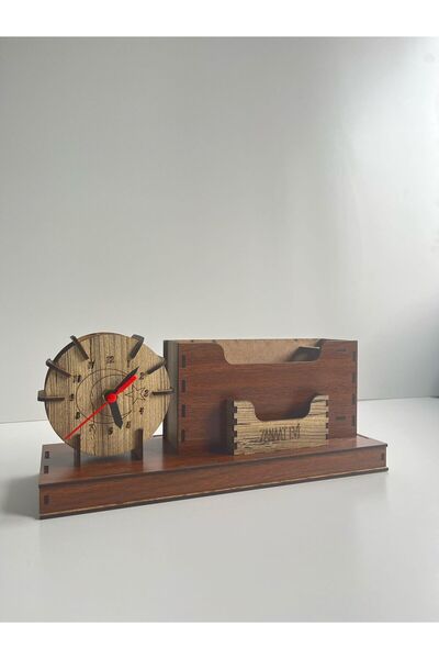 ZANAAT EVİ Kişiye Özel Ahşap Saatli Kalemlik – Masaüstü Tasarım 3mm Lazer Kesim