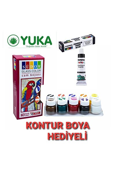 Yuka Cam Boyası 10 Renk 20 ml Ve Siyah Kontur Boyası 1 Paket Cam Vitray Boyam...