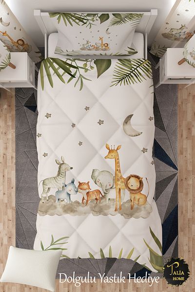 Talia Home Safari Cute Animals Patterned Single Children's Quilt Sleeping Set