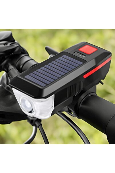 Busstier Güneş Enerjili USB Şarjlı LED Bisiklet Feneri 120dB Korna Su Geçirmez Ön Far Işığı