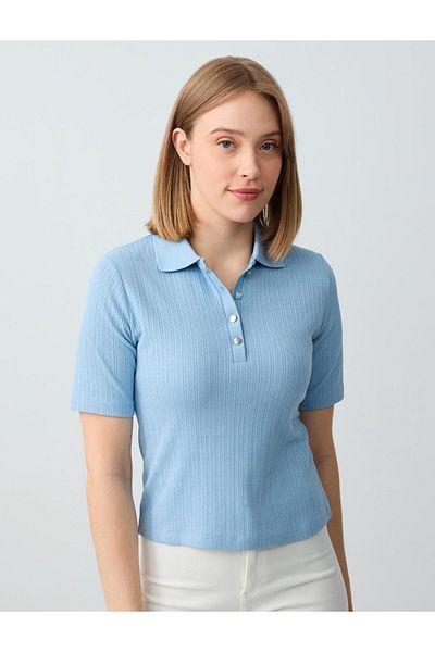 Jimmy Key Bluză tricotată din bumbac cu mânecă scurtă cu gât polo albastru