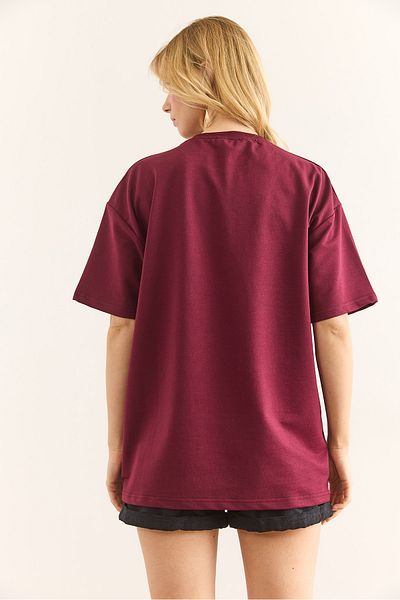 Olalook Tricou pentru femei, burgundă, cu fundă leopard, cu 2 fire, TSH-19000846