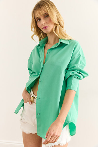 Olalook Women's Mint Green Hidden Placket Poplin Shirt Gml-19000867