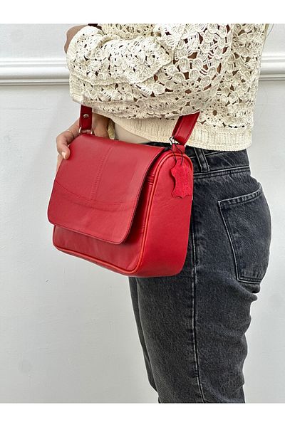 Deribag Piele autentică, mărime medie, curea încrucișată, geantă de umăr pentru femei, roșu, 26*22*8 cm