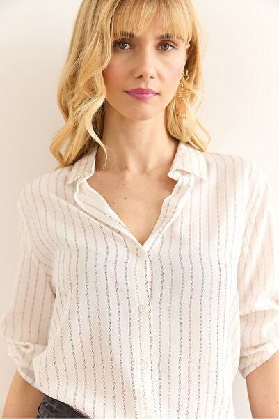 Olalook Women's Black Burgundy Colored Striped Flowy Viscose Shirt Gml-19001341