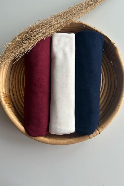 Merve Nayir 3-Piece Combed Cotton Shawl Set Jersey Shawl Lycra Shawl Jersey Hijab Lycra Hijab (Bordo - Ecru - Lacquer)