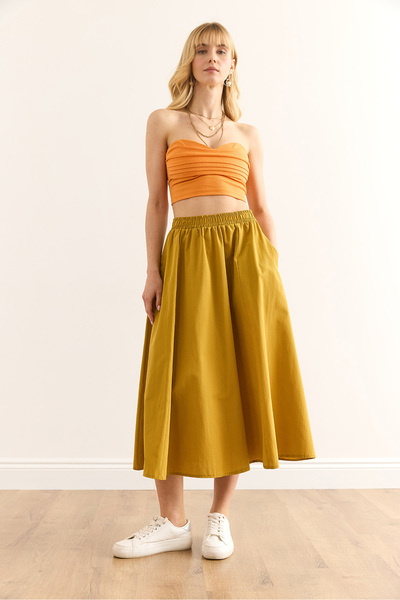 Olalook Women's Oil Green Pocketed Elastic Waist Midi Woven Bell Skirt Etk-19000271