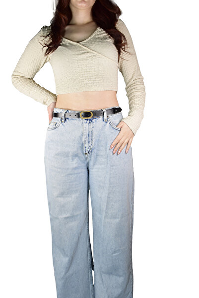 GoDeri %100 Hakiki Deri, Gold Renk Tokalı İnce 2 cm Siyah Kadın Kemeri; Elbise, Pantolon Kemeri_2CMOVAL