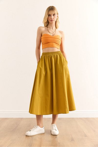 Olalook Women's Oil Green Pocketed Elastic Waist Midi Woven Bell Skirt Etk-19000271