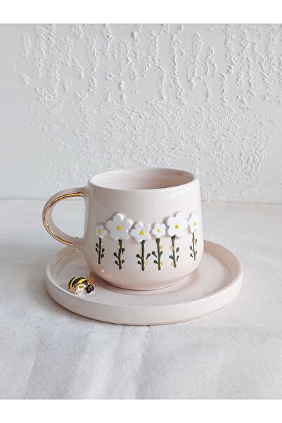 Handmade Papatya Detaylı 150ml Kahve fincanı/Arılı tabak