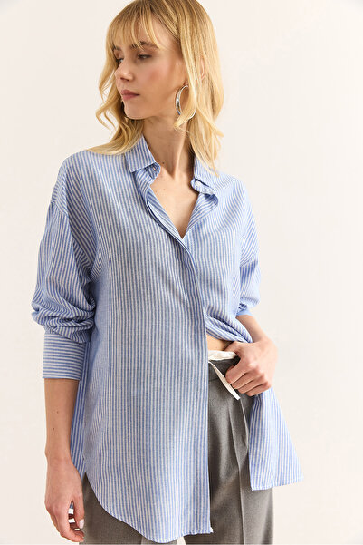 Olalook Cămașă Boyfriend cu dungi albastre pentru femei GML-19001339