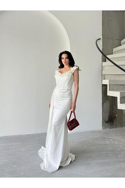 Serica Moda Flower Detailed Front Gathered Long Satin Dress