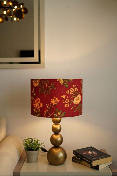 retro home design Eskitme Ayaklı Silindir Kırmızı Çiçek Kumaşlı Masa Lambası ...