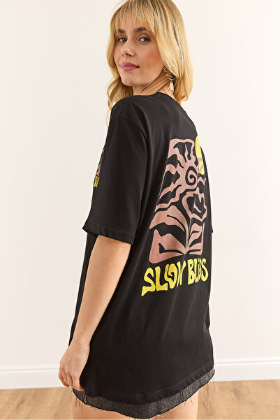 Olalook Γυναικείο μαύρο Slow Bliss μπλουζάκι από βαμβακερό εμπριμέ μπλουζάκι TSH-19000896