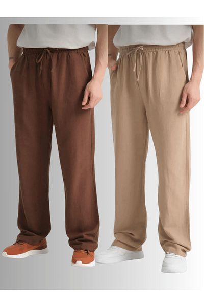 LC Waikiki Advantage Pack of 2 New Season Elastic Waist Wide Leg Baggy Men's Linen Summer Trousers