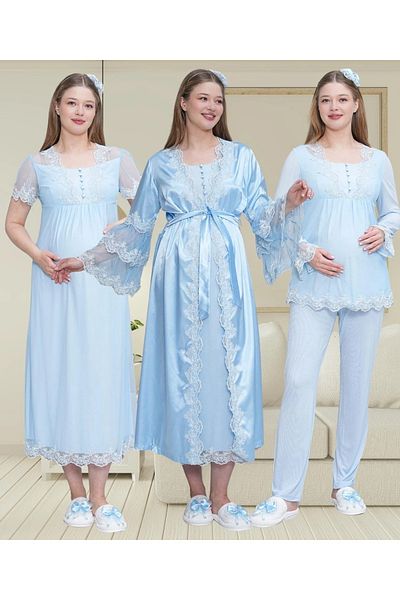 By Mecit Pijama Women's Maternity Maternity Set of 4 Lace Detailed Satin Dressing Gown + Short Sleeve Nightgown + Long Sleeve Pajamas Tk