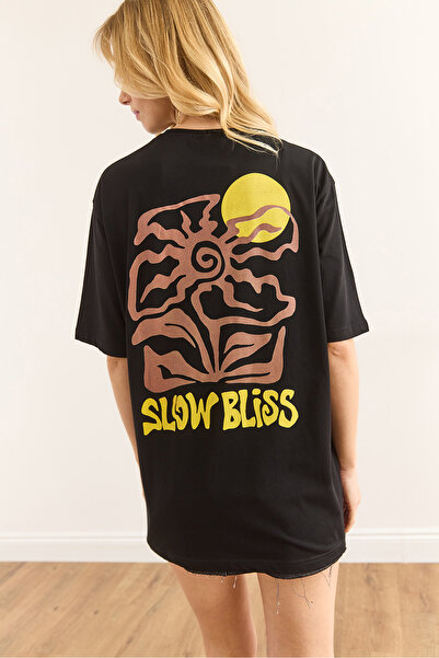 Olalook Γυναικείο μαύρο Slow Bliss μπλουζάκι από βαμβακερό εμπριμέ μπλουζάκι TSH-19000896