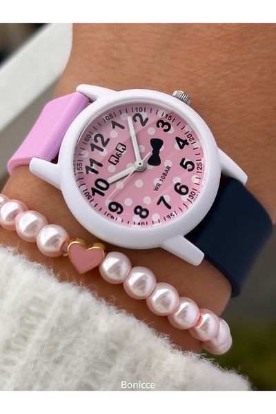 Q&Q Brand Pool Sea Suitable for Use Pink Silicone Cord Girl's Wristwatch