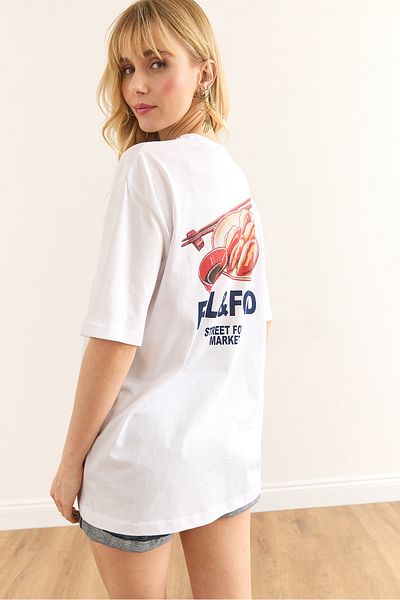 Olalook Tricou alb din bumbac imprimat față și spate pentru femei TSH-19000894