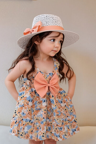 Soweto Çiçek Desenli Kolsuz Kız Çocuk Elbise & Fiyonk Detaylı Şapka 9-12 AY