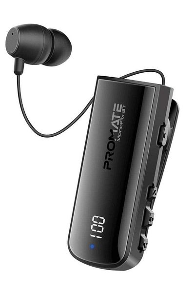 Promate Wired Mono Earphone, Bluetooth 5.3 Retractable, 22 Hours Playtime, Voice Assistant, ENC Mono