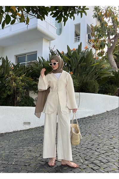 Miraydın Butik Women's Linen Suit with Hook and Belt Detail M3325 - Beige