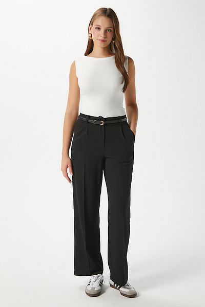 Ritnice Women's City Elastic Waist Poly Viscose Black Woven Trousers