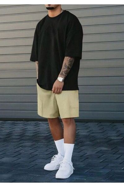 woonkey Men's Oversized Cycling Collar Comfortable Fit Tee Shorts Set of 2