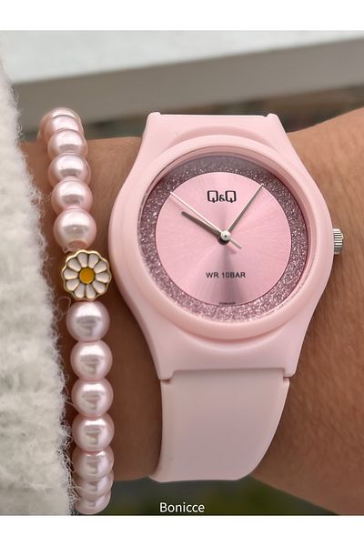 Q&Q Brand Suitable for Pool and Sea Use Pink Silicone Cord Girl's Wristwatch with Bracelet Gift