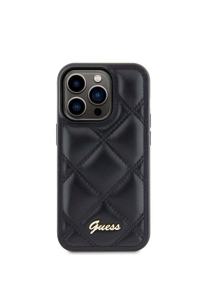 Guess Iphone 15 Pro Max Quilted Metal Logo Case, - Black