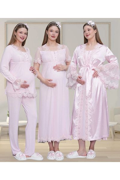 Mecit Pijama Women's Maternity Maternity Set of 4 Lace Detailed Satin Dressing Gown + Short Sleeve Nightgown + Long Sleeve Pajamas Tk