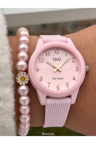 Q&Q Brand Pool Sea Suitable for Use Pink Silicone Cord Girl's Wristwatch Bracelet Gift