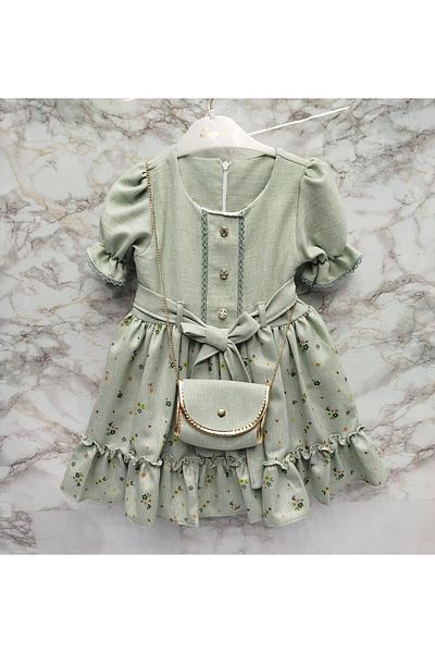 XORVİO Girl's Green Floral Patterned Belted Buttoned Dress Short Sleeve Back Zipper Linen Dress