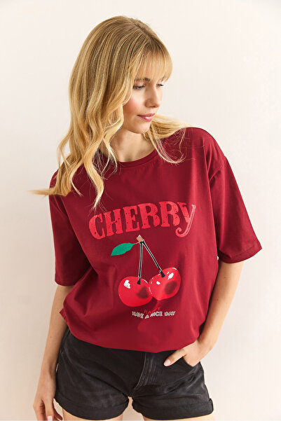 Olalook Women's Burgundy Cherry Printed Cotton T-Shirt Tsh-19000895