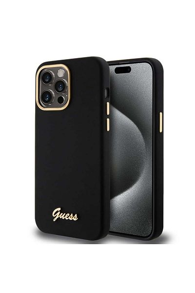 Guess Iphone 15 Pro Max Silicone Script Metal Logo & Frame Case, - Black