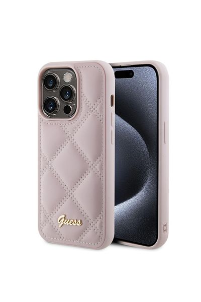 Guess Case For Iphone 15 Pro Max Quilted Metal Logo, - Pink